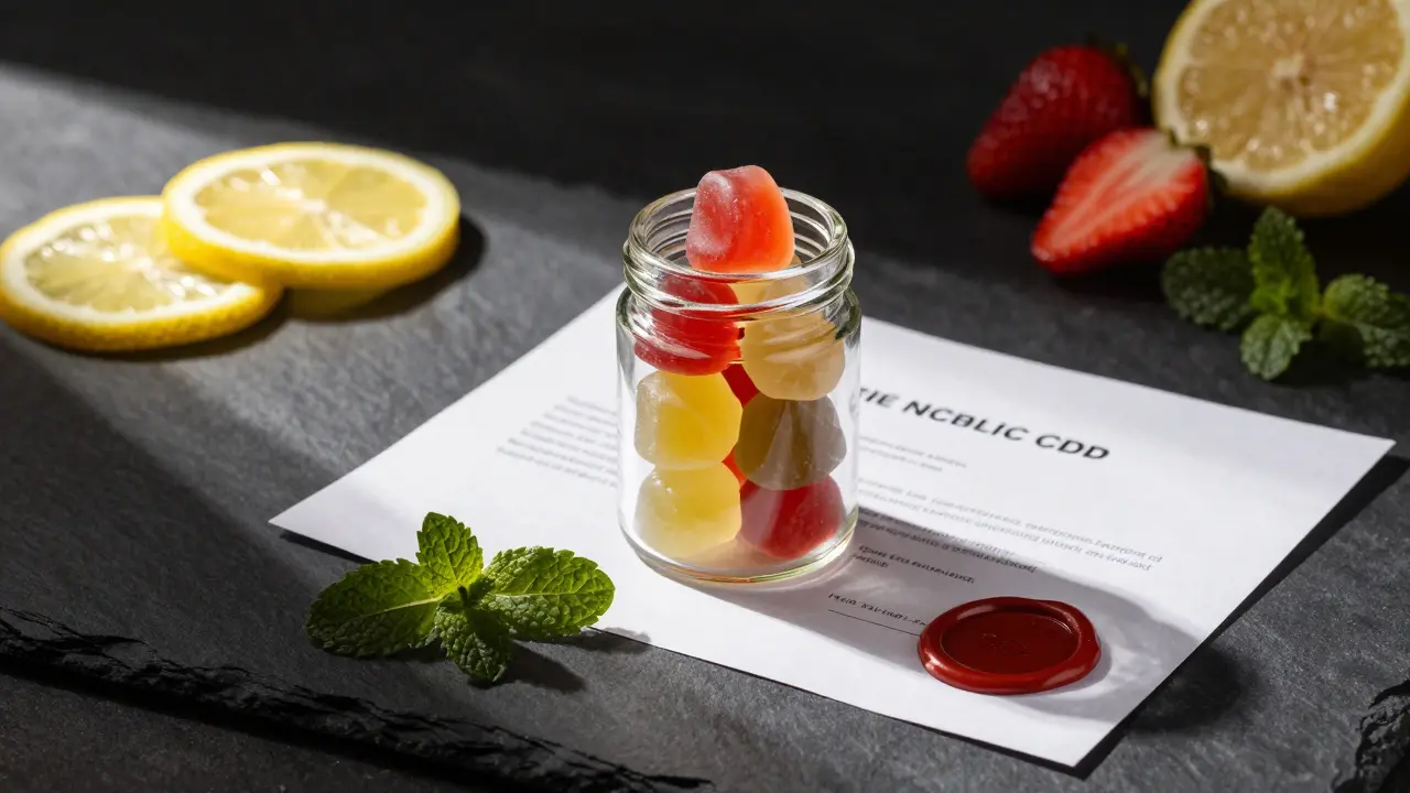 Glasgefäß mit Gummibärchen und Qualitätssiegel auf dunklem Tisch