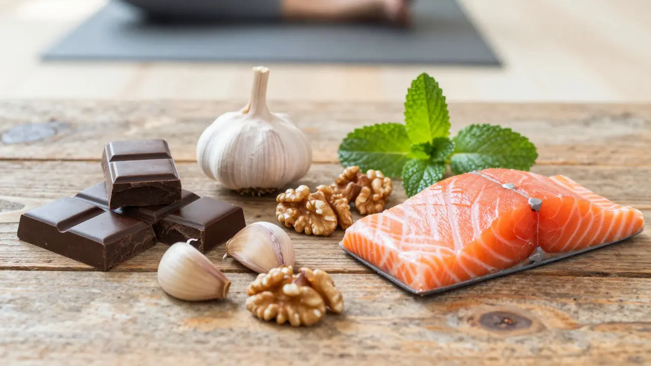 Healthy foods like dark chocolate, garlic, and salmon on table