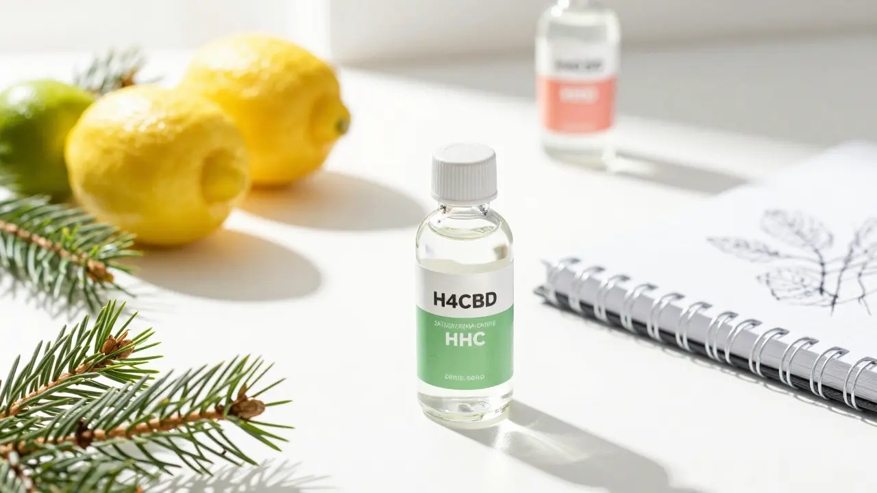 Helles Arbeitszimmer mit Zitrusfrüchten und CBD-Flasche für fokussierte Klarheit.