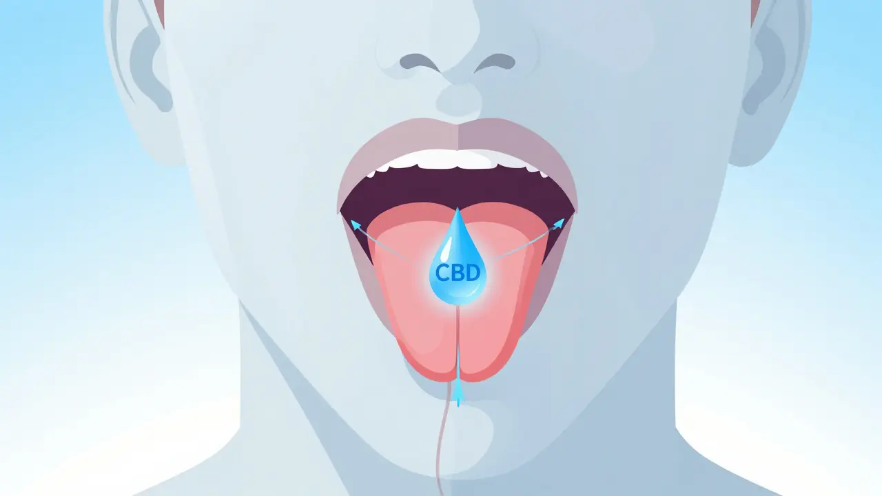 Illustration der sublingualen Aufnahme von CBD unter der Zunge für schnelle Wirkung.