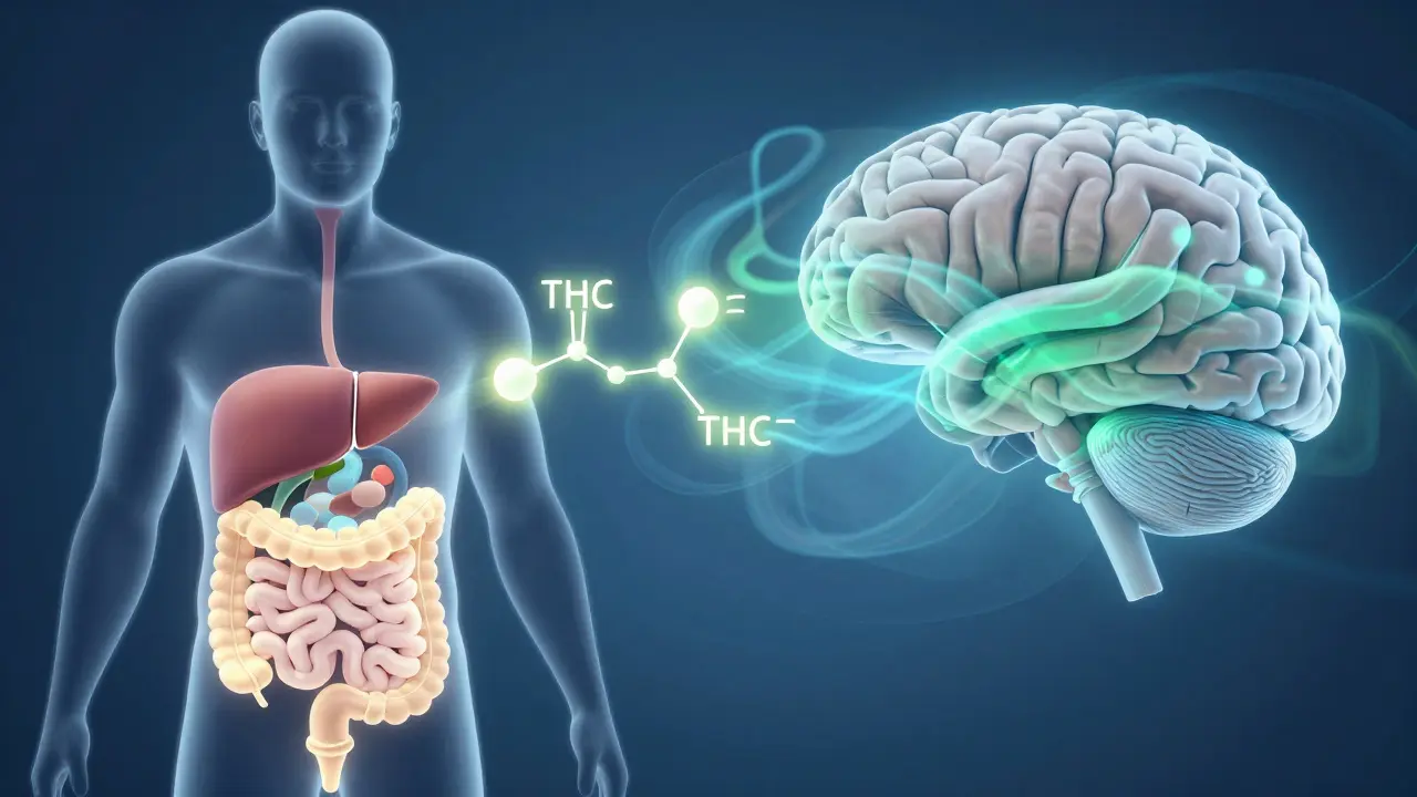 Illustration der Wirkung von THC im Körper und Gehirn