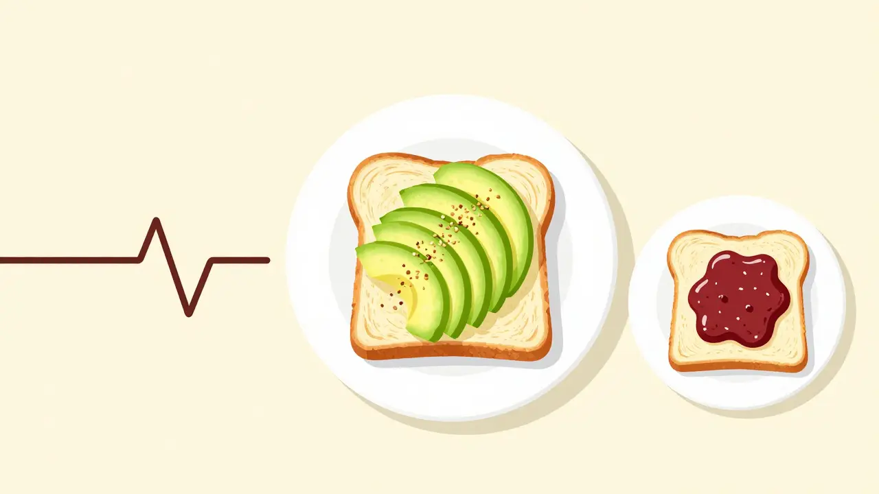 Illustration: Toast mit Avocado und Hanfsamen vs. Marmelade