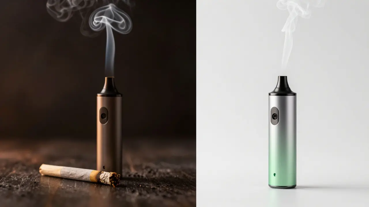 Kontrast zwischen Rauchentwicklung beim Rauchen und Dampf beim Vaporisieren