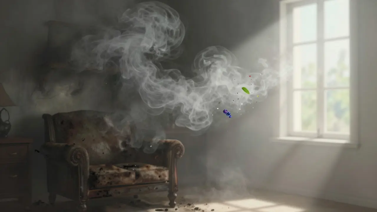 Konzeptioneller Vergleich: Dunkler Tabakrauch links gegenüber leichtem, fruchtigem Vape-Dampf rechts.