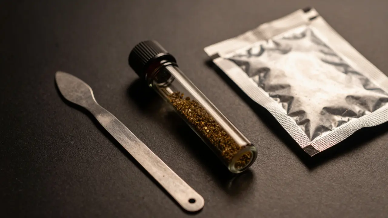 Lagerung von CBD-Shatter in dunkler Tube mit Metallwerkzeug