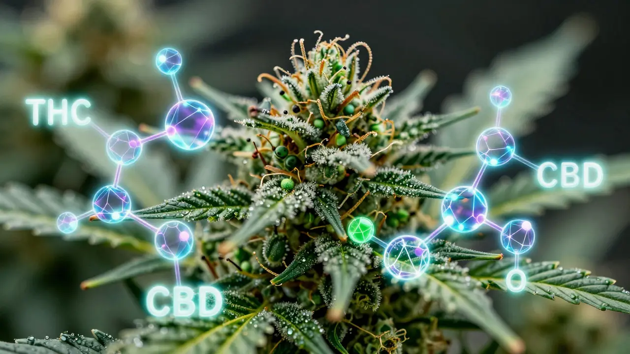 Makroaufnahme von Cannabisknospen mit schwebenden molekularen Strukturen für THC, CBD und Terpene.