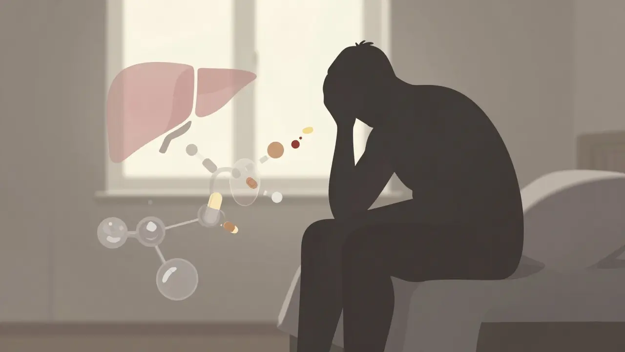 Müde Person am Morgen mit Symbolen für Nebenwirkungen
