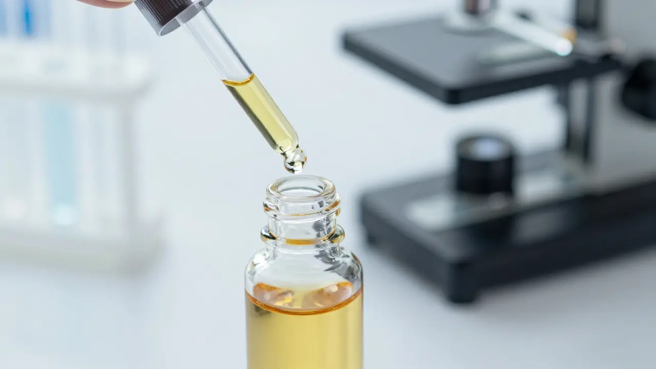 Nahaufnahme von CBD-Ölflasche vor Laborhintergrund