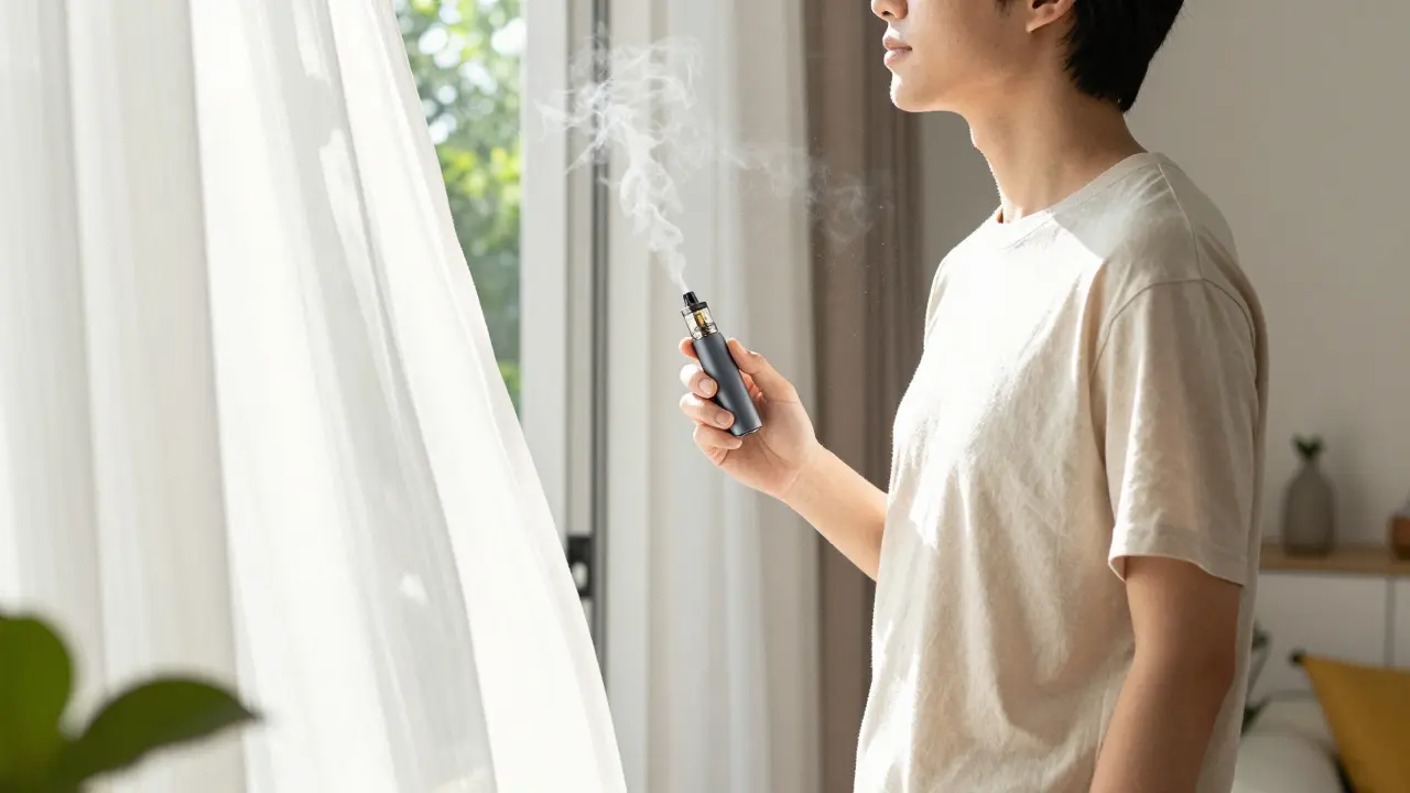 Person am offenen Fenster, die den Raum lüftet, um Vape-Gerüche schnell zu entfernen.