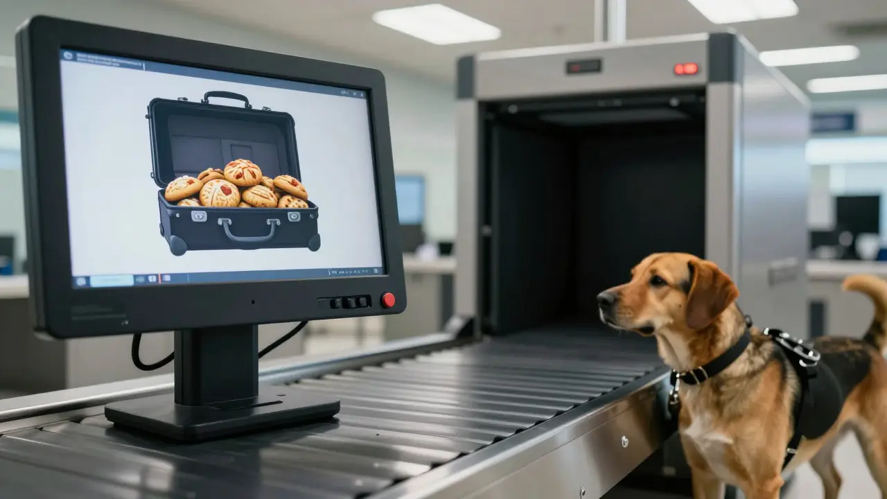 Sicherheitskontrolle mit Röntgengerät und Spürhund am Flughafen