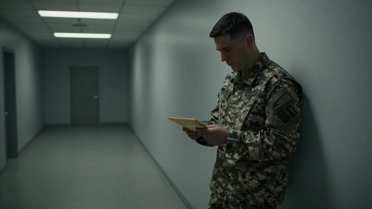 Soldier in uniform holding document in dim hallway