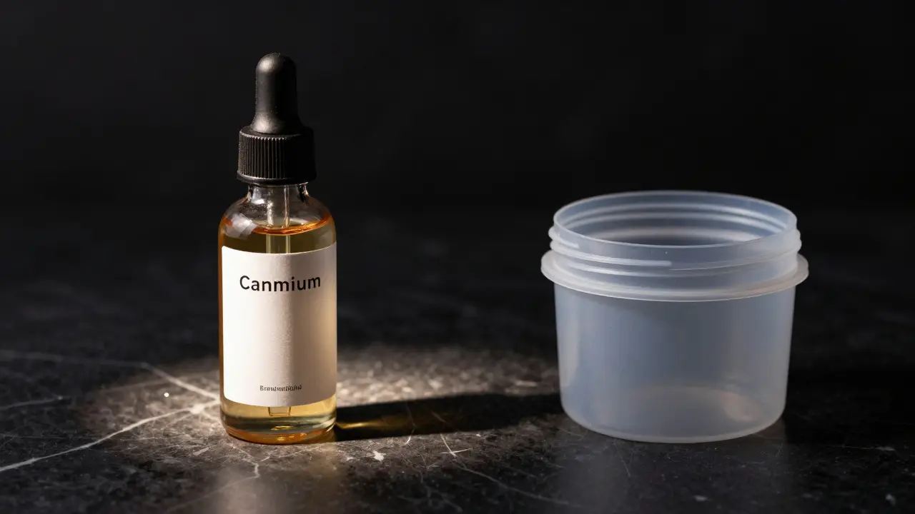 Vergleich von Premium-Glasflasche und günstiger Plastikverpackung