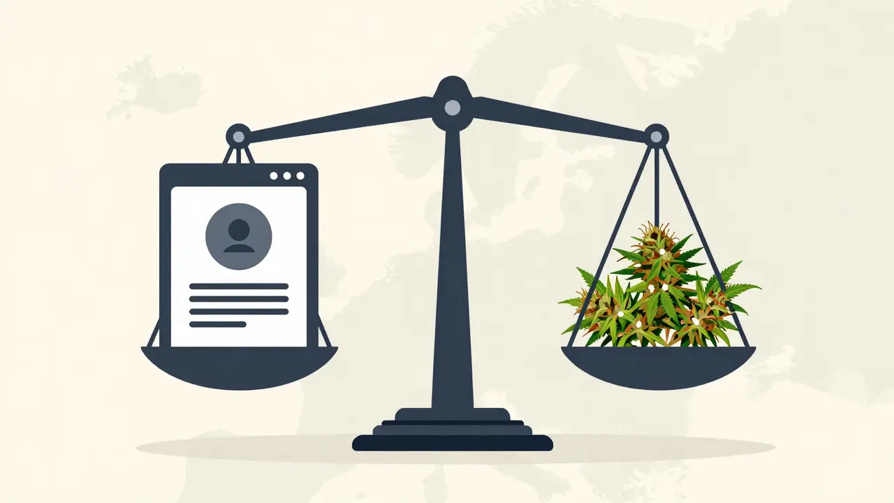 Waage mit Symbolen für Online-Zugänglichkeit von Cannabinoiden und traditionelle Hanfblüten im deutschen Kontext.
