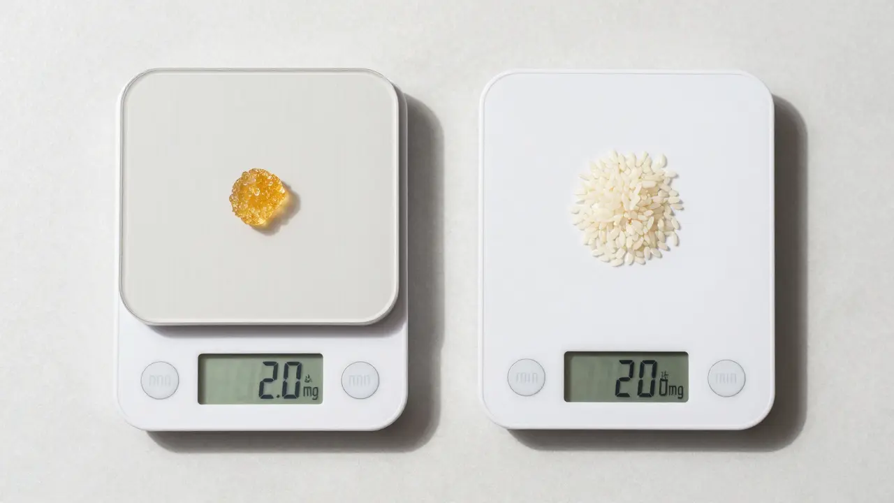 Winziges Stück CBD-Shatter neben einem Reiskorn zur Größenvergleich