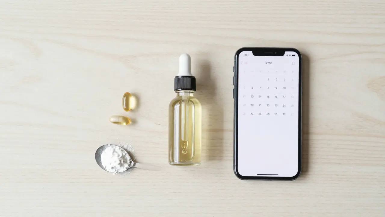 CBD-Pulver, Kapseln und Öl auf Holztisch für Einnahme-Routine