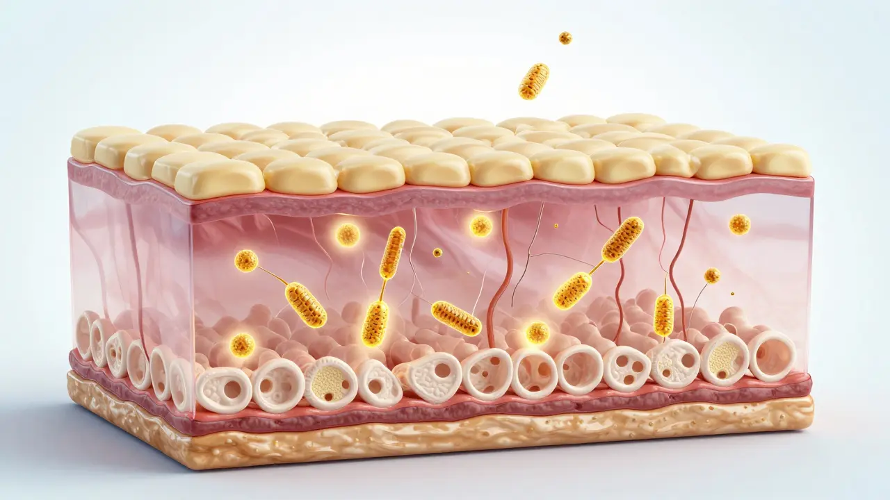 Cross-section of skin showing CBD nanoparticles penetrating layers