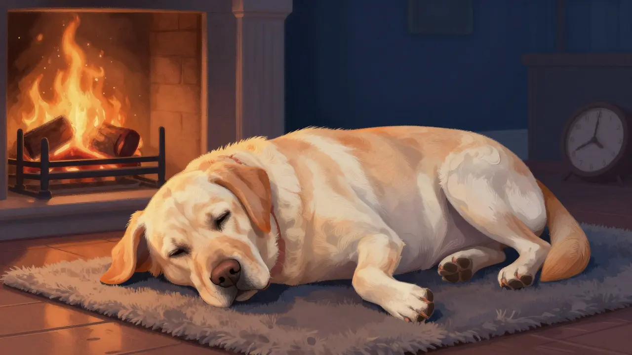 Ein entspannter älterer Hund ruht friedlich neben einem Kaminfeuer.