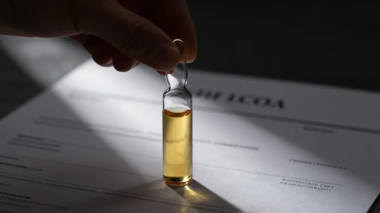 Hand hält Glasflasche mit Öl neben unscharfem Labortestdokument für Qualität