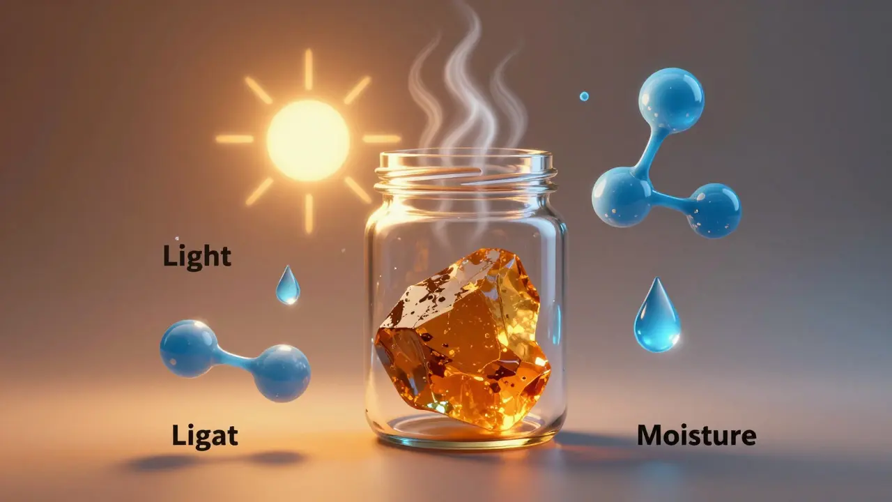 Illustration der vier Feinde von CBD-Shatter: Licht, Hitze, Sauerstoff und Feuchtigkeit