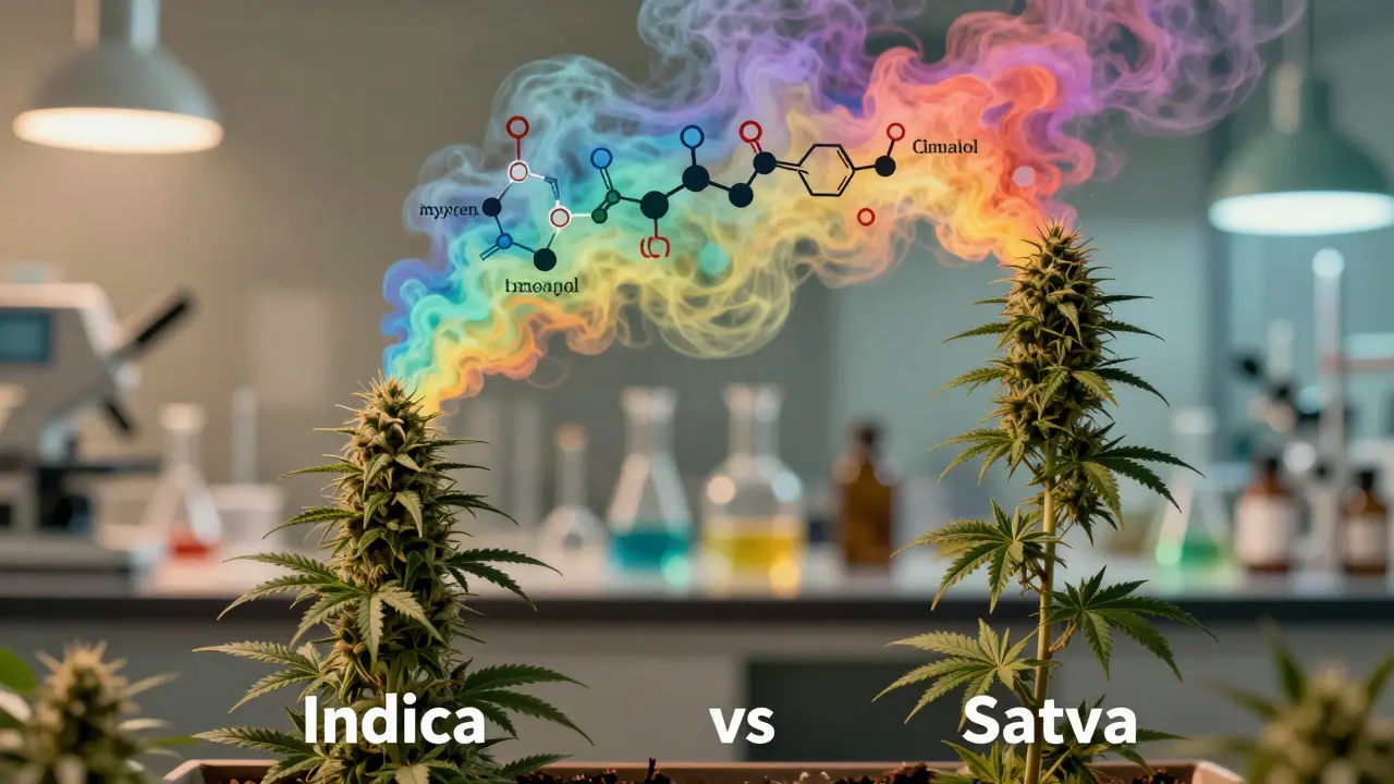 Indica und Sativa Pflanzen mit chemischen Terpen-Profilen