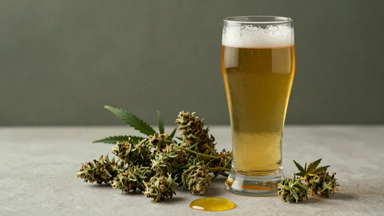 Klar filtriertes Bier neben Cannabis-Extrakten und Hopfen