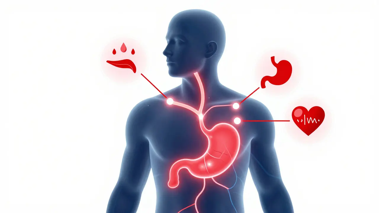 Körper mit leuchtenden Endocannabinoid-System-Knoten, rote Warnsignale