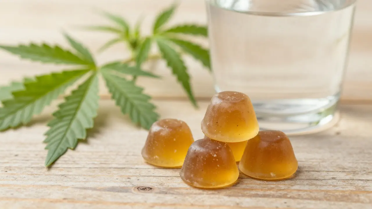 Nahaufnahme von CBD-Gummis und Hanfblättern auf einem Holztisch.