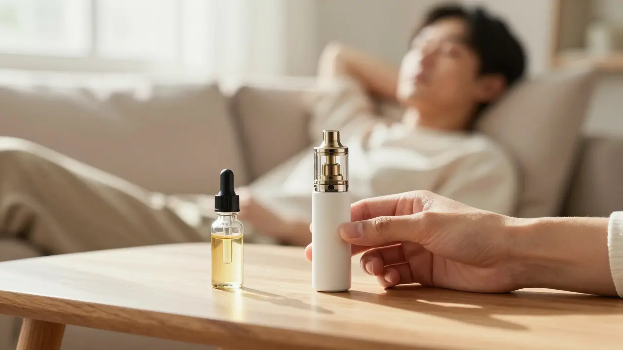 Person entspannt neben Vape-Gerät und Öltropfflasche