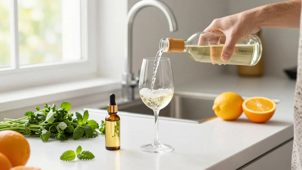 Person gießt CBD-Wein in ein Glas auf einer hellen Küchenarbeitsplatte