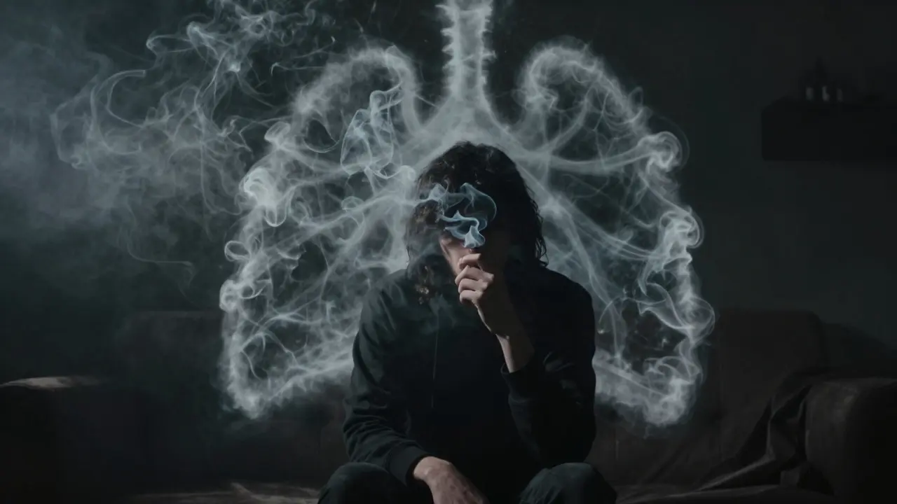 Person in einem rauchgefüllten Raum, Symbol für Atemwegsschäden durch Cannabis