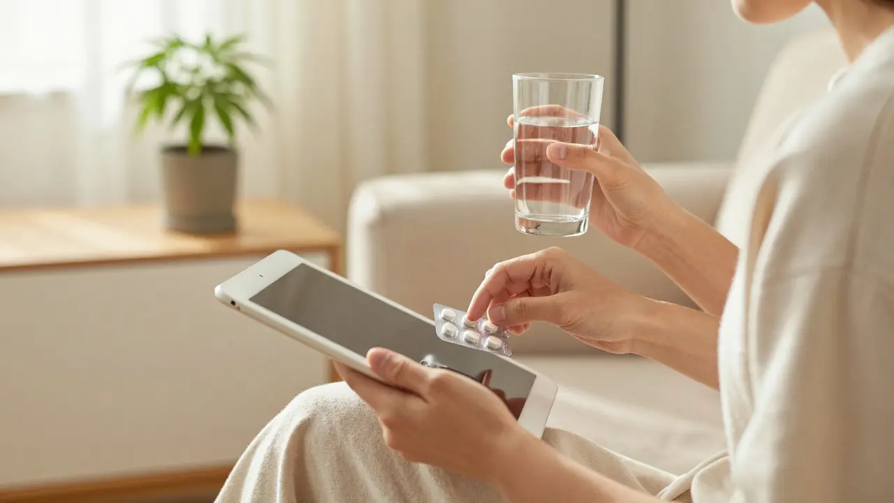 Person nimmt diskret eine CBD-Tablette mit Wasser ein