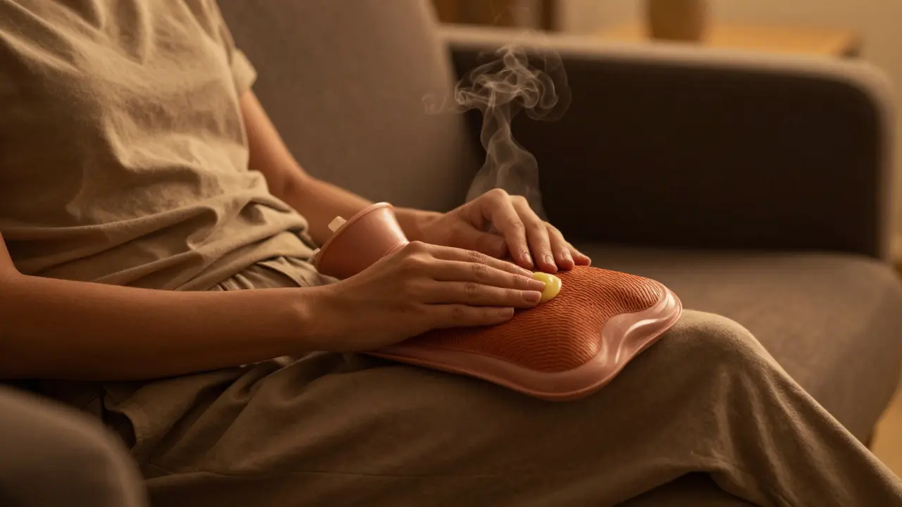Person resting with hot water bottle on knee for pain relief