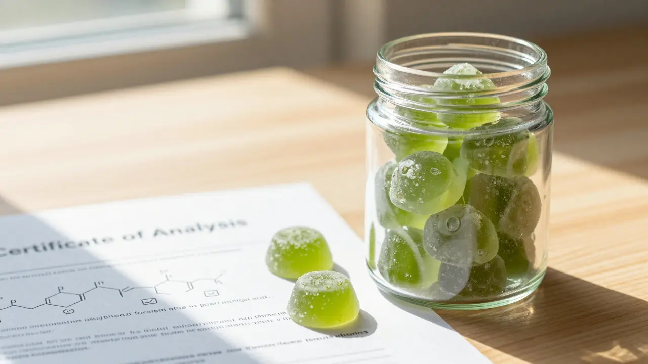 Premium CBD-Gummibärchen neben Labortest-Zertifikat