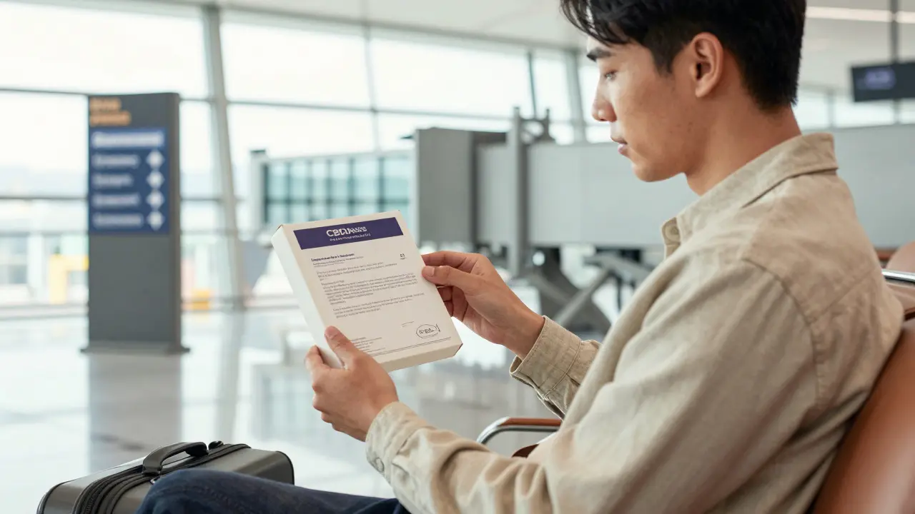 Reisender mit diskret verpackten CBD-Produkten und Labordokument am Flughafen
