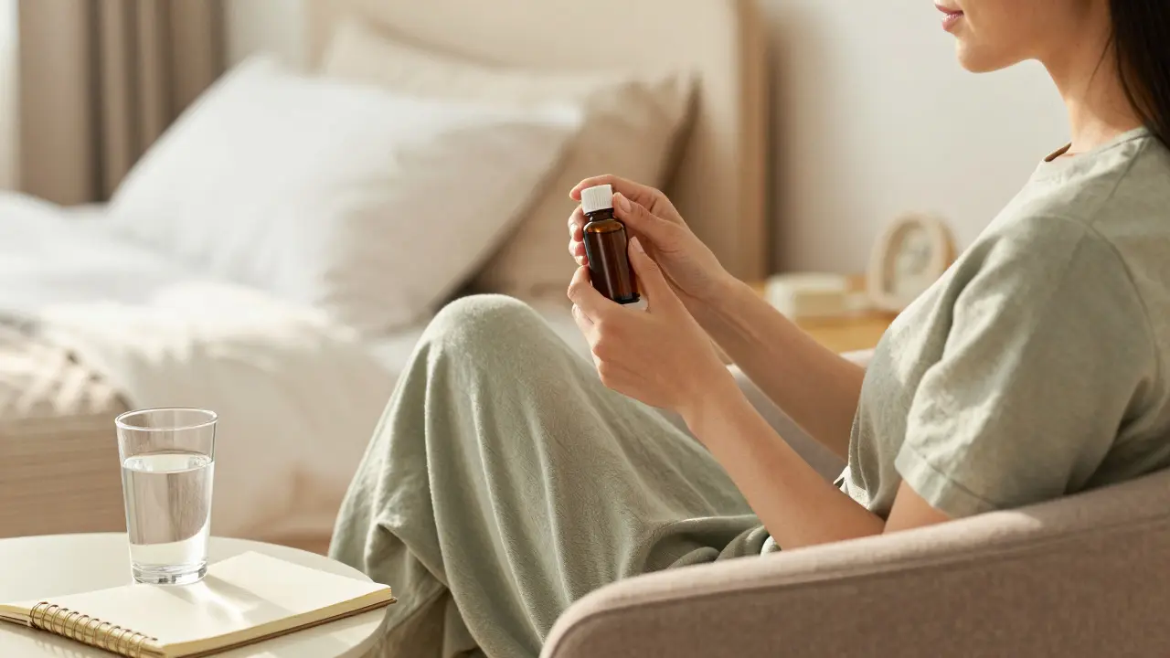 Ruhige Person mit CBN-Flasche im sonnigen Schlafzimmer