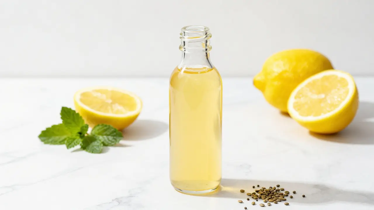 Transparente Flasche mit Zitrus-CBD-Getränk und frischen Zutaten