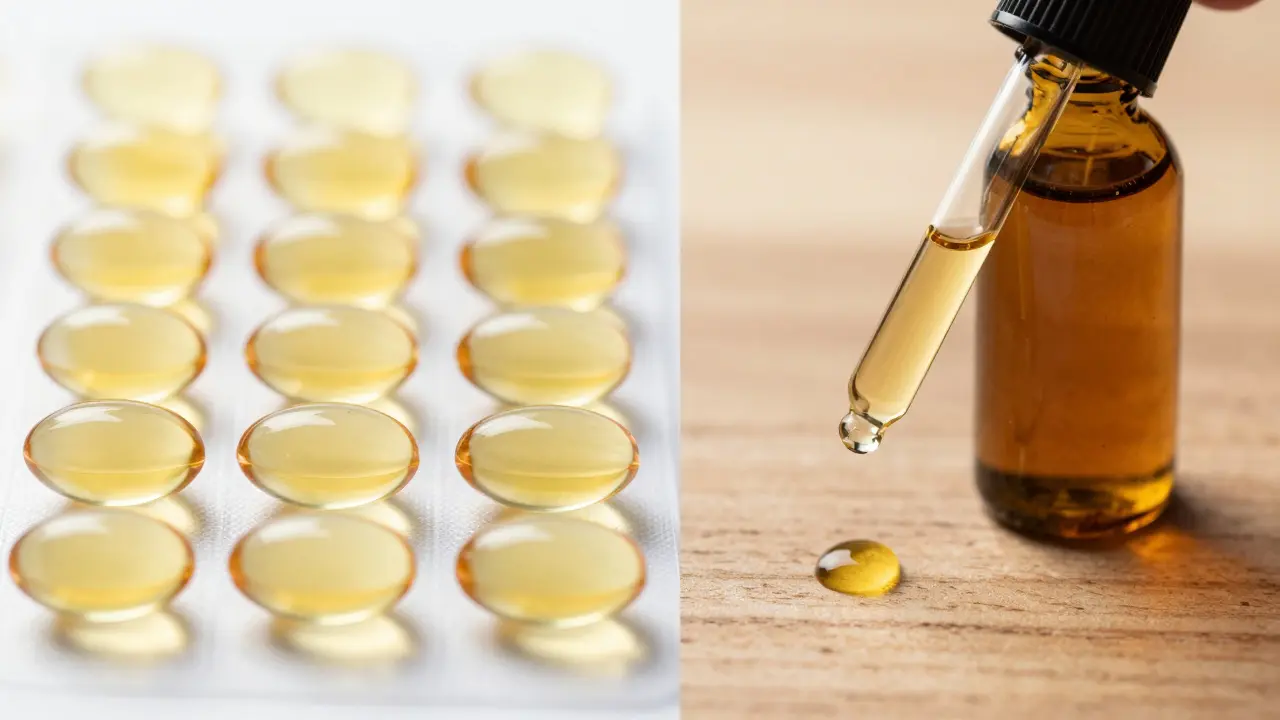 Vergleich von CBD-Kapseln und Öltropfen auf weißem Untergrund