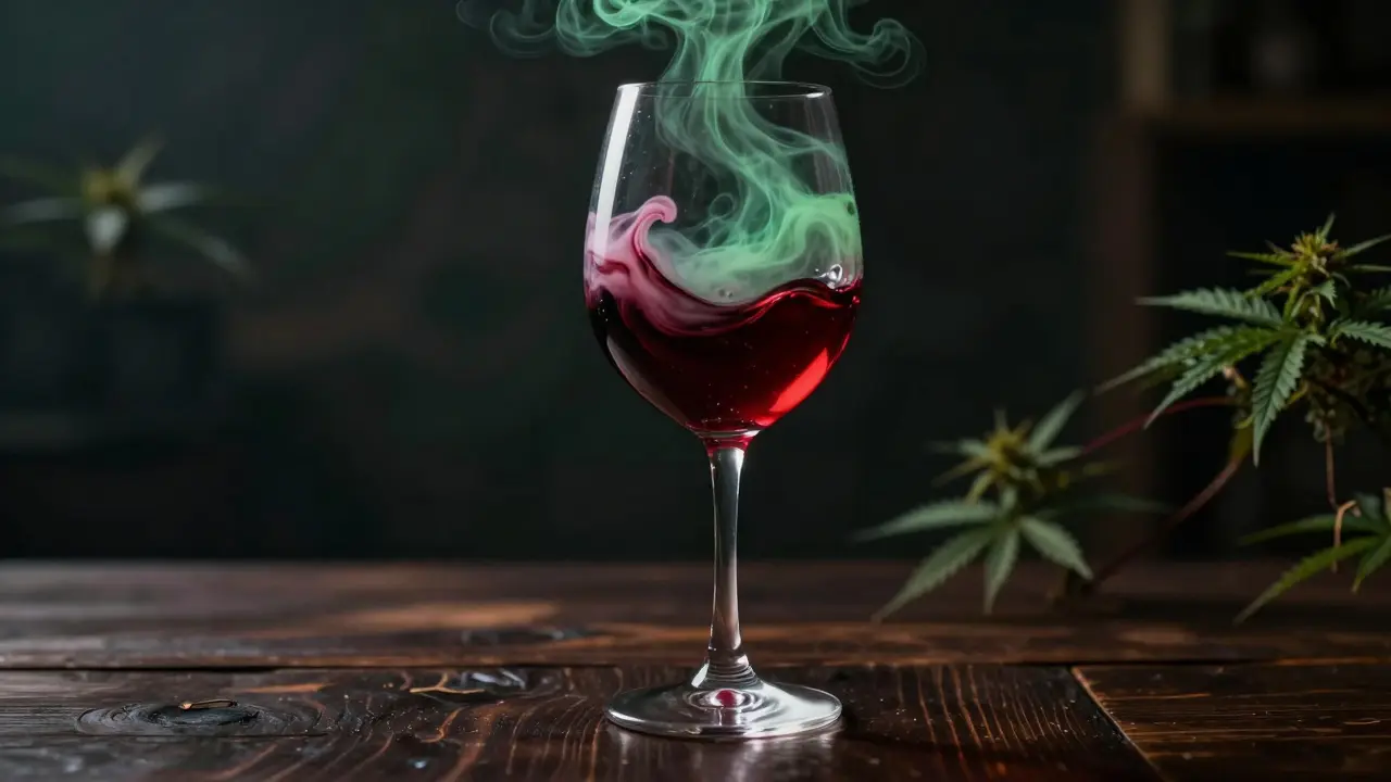 Weinglas mit verwirbelter Flüssigkeit, das die Risiken von Cannabis-Wein zeigt