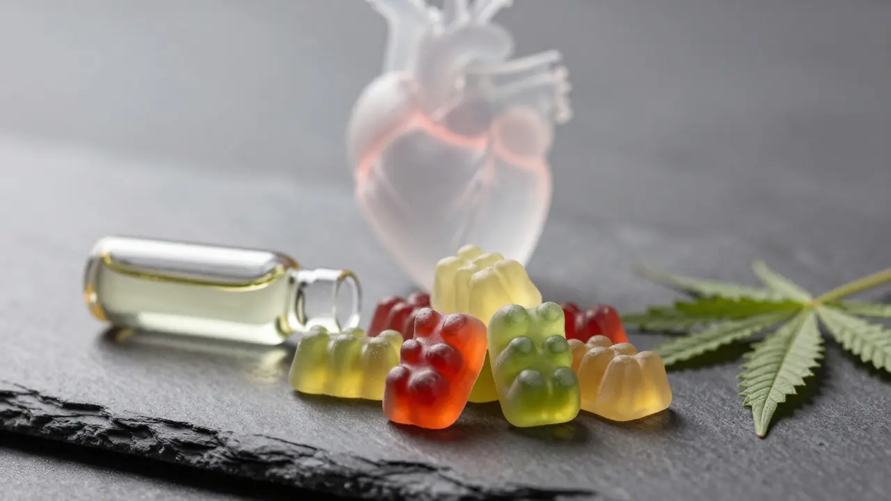 CBD-Gummibärchen mit Hanfblättern und Herz-Symbol im Hintergrund