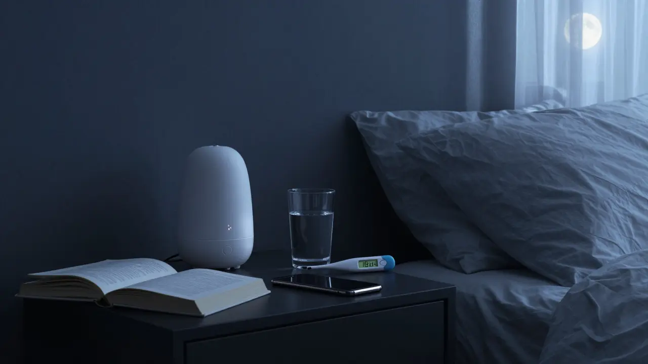 Dunkles Schlafzimmer mit Vaporizer, Glas Wasser und Handy abgelegt, kühle Atmosphäre für Schlaf
