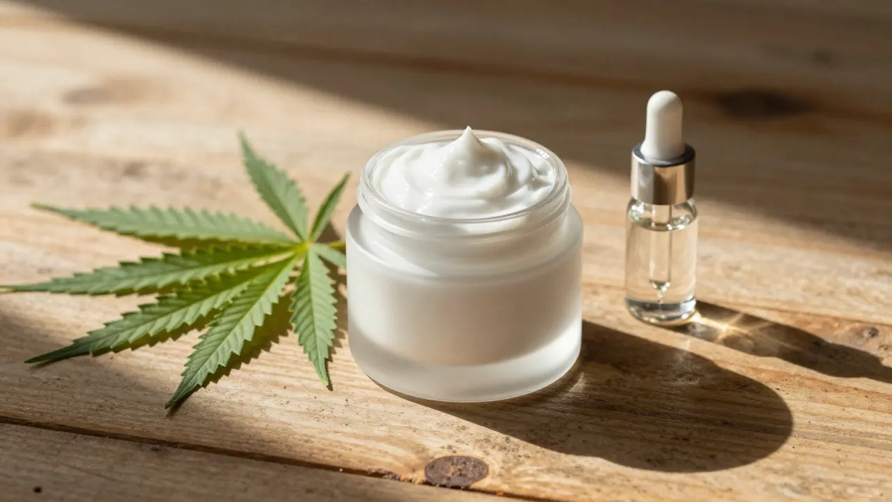 Elegant cream jar with hemp leaves on wooden table in sunlight