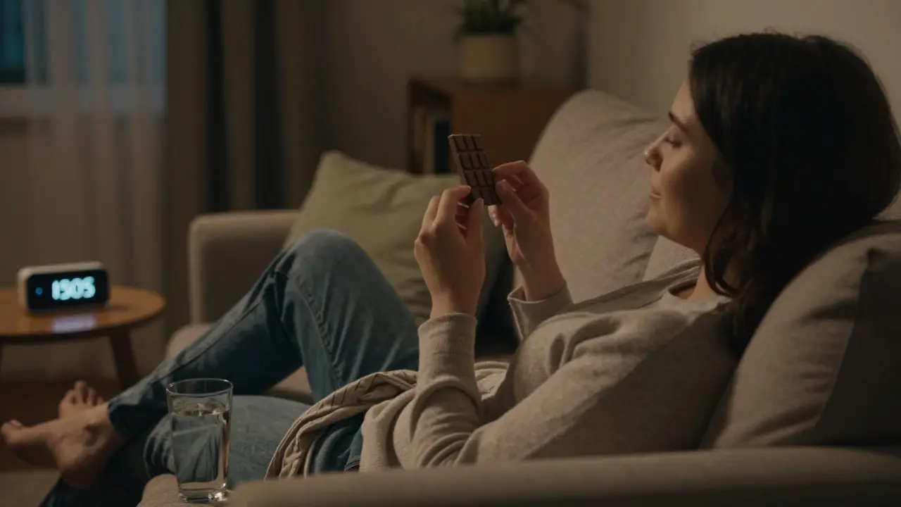 Entspannte Person auf dem Sofa mit Schokolade und Wasser bei Abendlicht