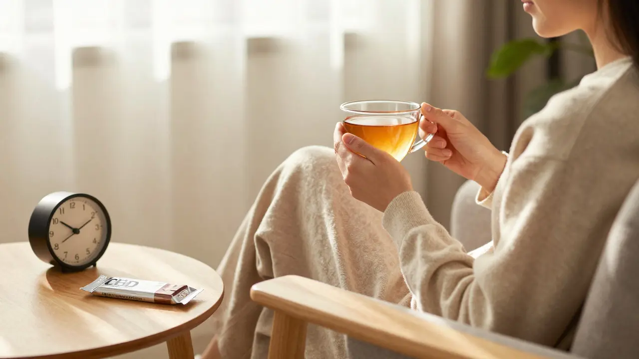 Entspannte Person im Wohnzimmer mit Tee und CBD-Schokolade, die auf Wirkung wartet