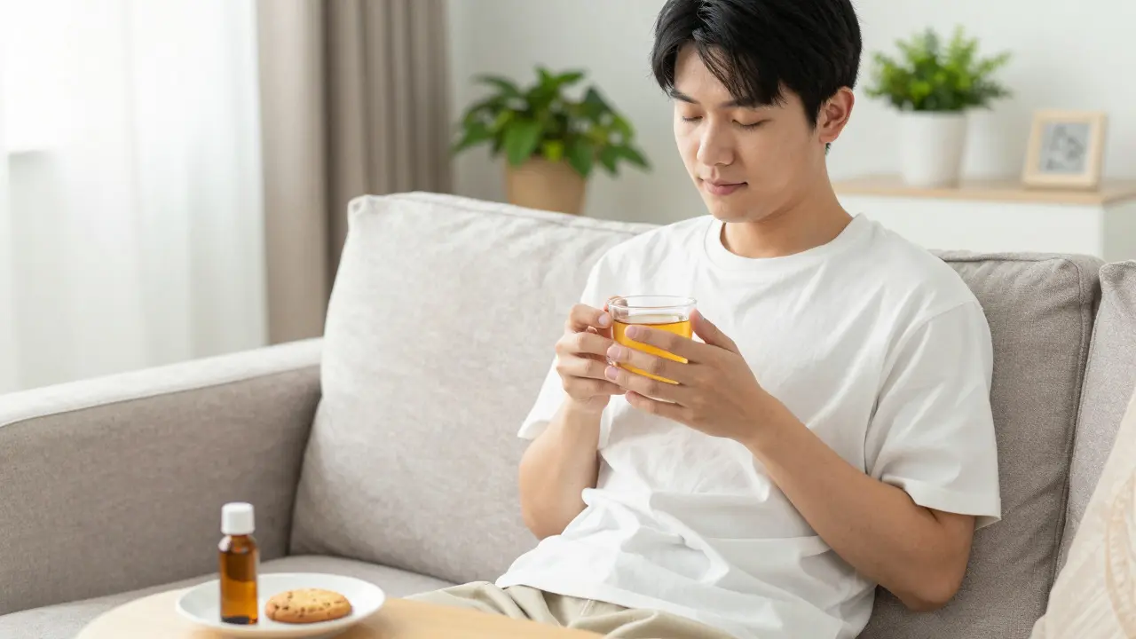 Entspannte Person mit Tee und CBD-Keks in einem hellen Wohnzimmer
