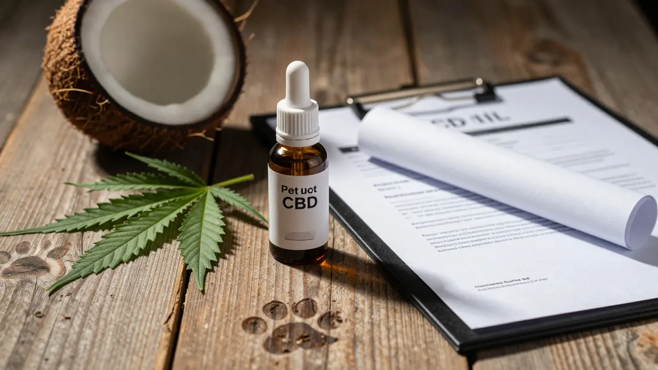 Flasche CBD-Öl mit Hanfblättern und Qualitätszertifikat auf Holz