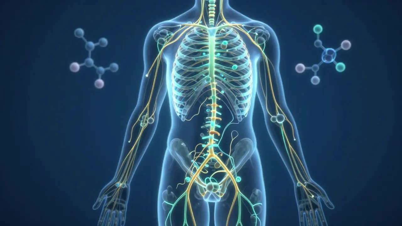 Konzeptuelle Darstellung des Endocannabinoid-Systems mit leuchtenden neuronalen Netzwerken