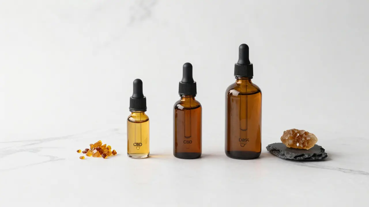 Minimale Anordnung von CBD-Flaschen und Shatter zur Dosierungsdarstellung