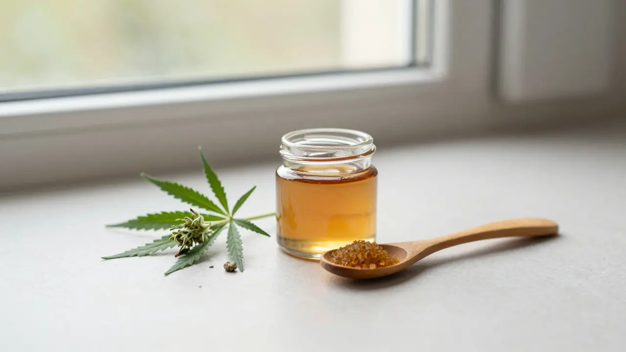 Minimalistisches Setup mit CBD-Crumble, Glasglas und Zitronenverbene bei Tageslicht