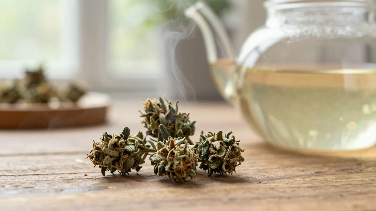 Nahaufnahme von getrockneten CBD-Blüten neben einer Teekanne mit Dampf, natürliches Licht