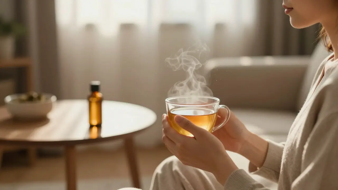 Person meditiert entspannt mit Tee, CBD-Flasche unscharf im Hintergrund
